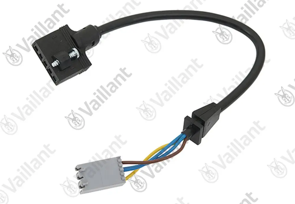 Vaillant Kabelbaum mit mehreren Anschlusssteckern, bestehend aus einem schwarzen und einem grauen Stecker, verbunden durch ein flexibles Kabel.
